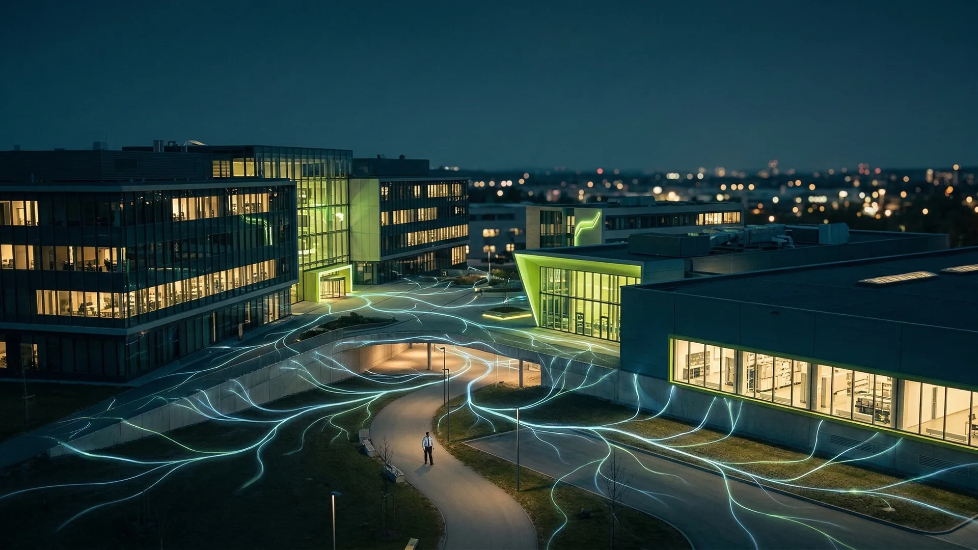 Moderner Tech-Campus mit digitalen Datenströmen