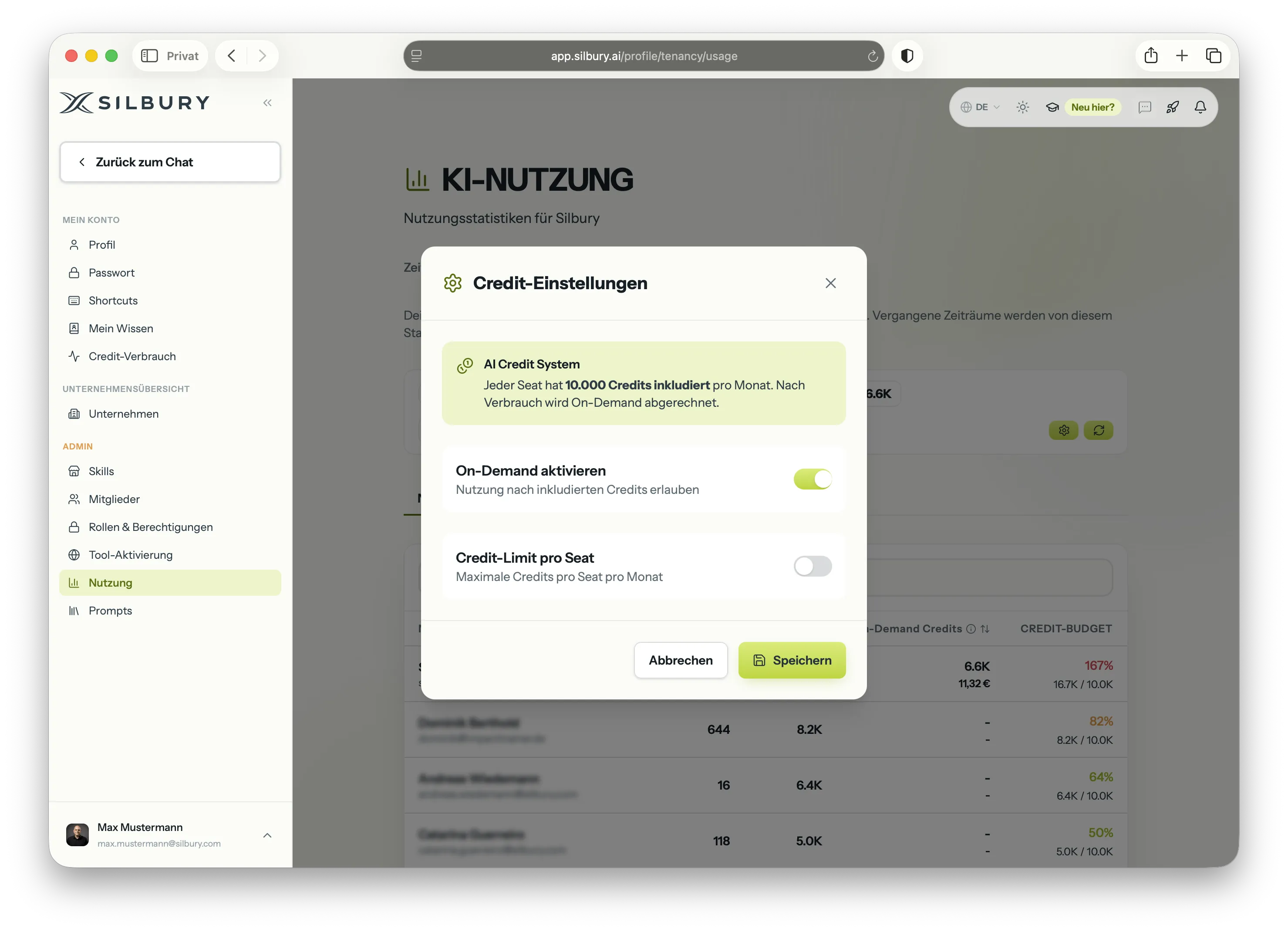 Admin-Dashboard mit Credit-Tracking